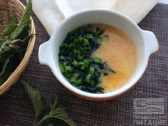 Шаг 7: Разлейте суп в тарелки. Добавьте нарезанную крапиву и зеленый лук. Приятного аппетита.