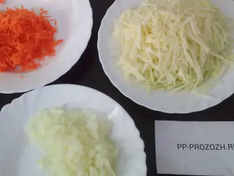 Шаг 2: Нашинкуйте тонко капусту, морковь потрите на терке, лук порежьте.
