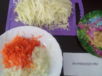 Шаг 2: Нашинкуйте капусту, потрите на терку морковь, порежьте лук, чеснок потрите на терку или пропустите через пресс.