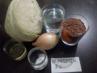 Шаг 1: Подготовьте продукты для гарнира: гречневую крупу, лук, капусту, воду, соль и оливковое рафинированное масло.