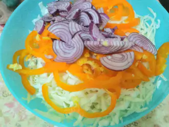 Шаг 4: Нарежьте полукольцами лук и добавьте к овощам.