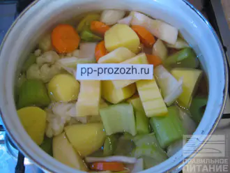 Шаг 4: Все овощи поместите в кастрюлю. Залейте их водой, чтобы она их покрыла. Если любите более жидкую консистенцию супа, можно налить воды побольше. 