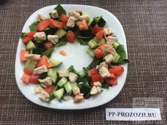 Шаг 5: На тарелку выложите в форме круга салат, на него выложите огурец, помидор и куриное филе.