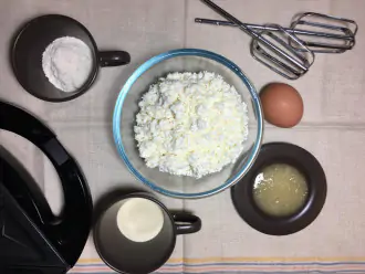 Шаг 1: Подготовьте творог, яйцо, мед, муку пшеничную, манку, немного растительного масла для жарки.