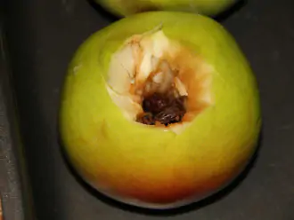 Шаг 5: Положите немного изюма в яблоко, которое выложите на противень или форму для запекания.