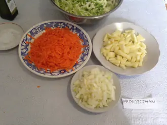 Шаг 3: Порежьте лук мелко, а яблоко брусочками, предварительно почистив и вырезав сердцевину. Морковь натрите на крупной терке.