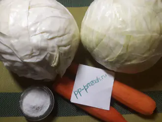 Шаг 1: Подготовьте ингредиенты: 2 крупных капусты и 2 больших моркови, соль.
