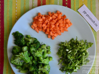 Шаг 4: После того как маш и фрикадельки поварятся 30 минут, добавьте к ним морковь и броколли. 
И еще через 5 минут добавьте зелень одуванчика, оливковое масло, (зелень можете заменить на любую другую), соль и приправу по вкусу. 
Дайте повариться еще 5 минут. 