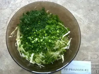 Шаг 4: Мелко нашинкуйте зелёный лук и укроп. Добавьте к уже нарезанным овощам.