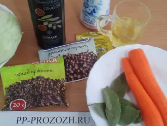 Шаг 1: Подготовьте ингредиенты: морковь свежую, капусту белокачанную, соль, сахарозаменитель, оливковое масло, сок лимона, лавровый лист, душистый  перец горошком, гвоздику.