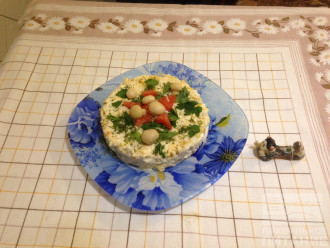 Шаг 8: Сверху посыпьте натертым сыром и дайте салату постоять около часа.
Снимите кольцо, украсьте по желанию и подавайте к столу.