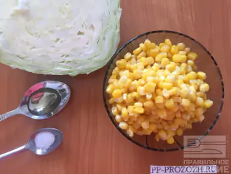 Шаг 1: Для приготовления диетического салата с капустой и кукурузой возьмите свежую белокочанную капусту и консервированную фасоль. А также соль и масло. 